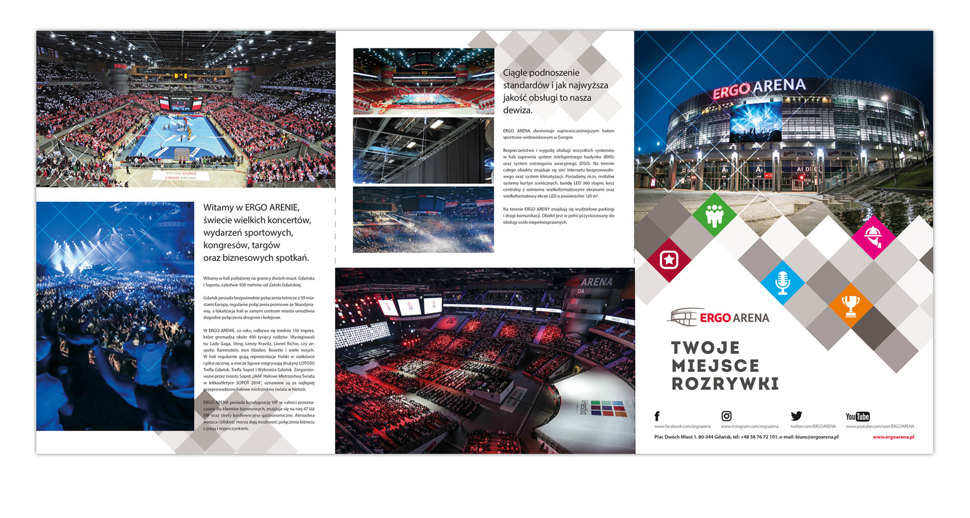 Ergo Arena, hala sportowa, identyfikacja, materiały reklamowe, inforgrafika, projekt graficzny, folder reklamowy