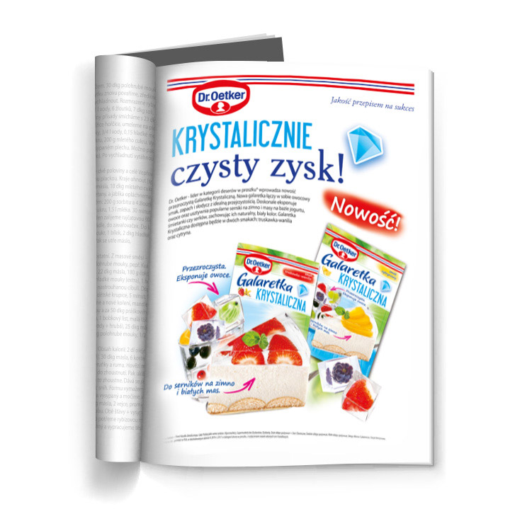 Dr. Oetker Polska, projekty graficzne, opakowania, galaretka krystaliczna, reklama prasowa, prasa branżowa