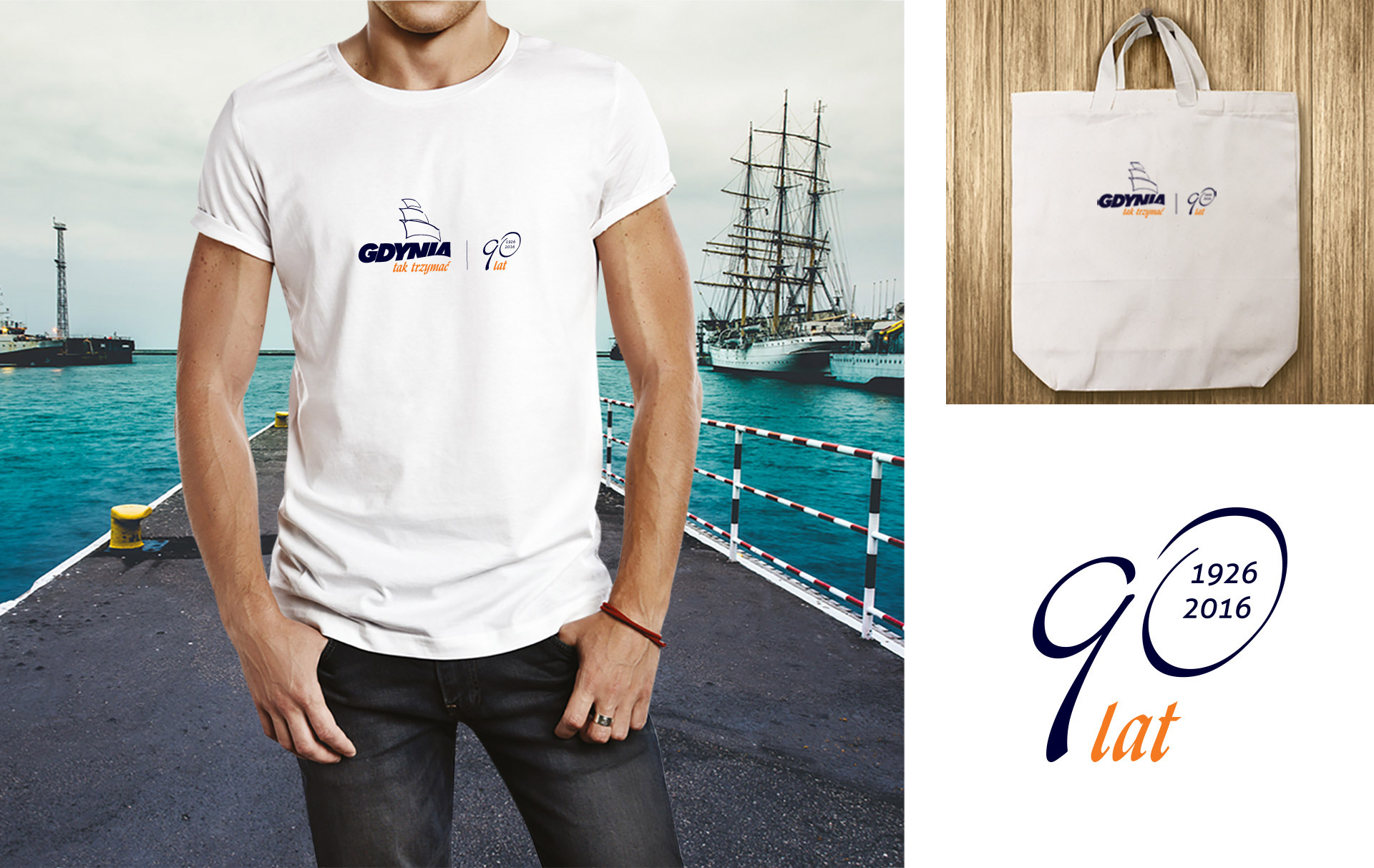 Miasto Gdynia, 90 lat, jubileusz, oprawa graficzna, logo, projekty graficzne, grafika, kreacja, realizacja, moodboard, t-shirt, torba reklamowa, znak