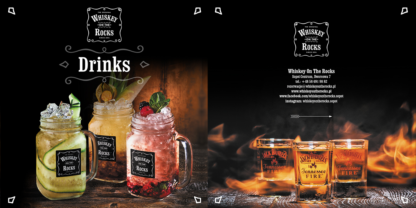 Whiskey on the Rocks, restauracja amerykańska, Sopot, identyfikacja, logo, hasło reklamowe, projekt graficzny, menu, drinki, sesja zdjęciowa
